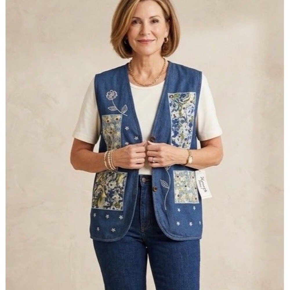 VTG NWT Keneth Too Floral Patchwork Denim Vest 2-in-1 Top Beaded Cottagecore L